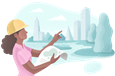 Female landscape architect pointing at skyline.