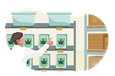 Wholesaler pointing at cannabis products on a shelf.