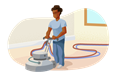 Worker using an industrial floor cleaner.
