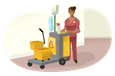 Woman in uniform with professional floor cleaning equipment.