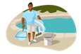 Man standing next to pool with net, bucket, and other supplies.