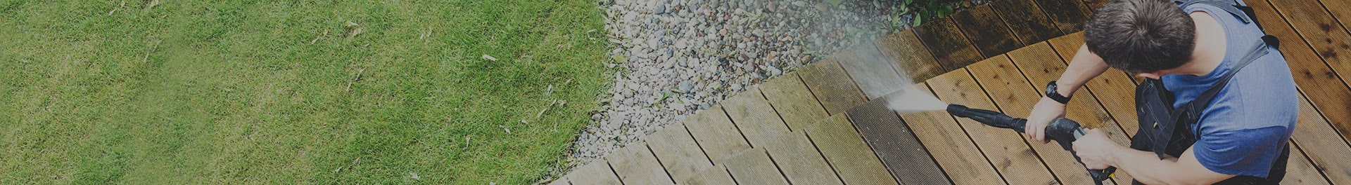 A person pressure washing a patio.