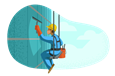 Man in helmet cleaning windows on a skyscraper.