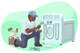 Man with wrench working on washing machine.