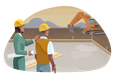 Two commercial builders overseeing a construction site with an excavator.