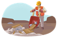 Man with wheelbarrow clearing debris.
