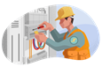 Electrician in helmet and vest working on wires.