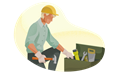 Handyman holding a hammer in front of a toolbox.