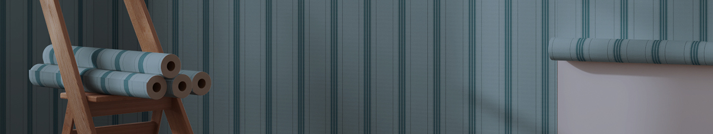 A paperhanging contractor's jobsite with a stepladder and striped wallpaper.