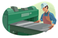 Man in gloves and helmet working with sheet metal.