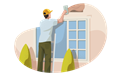 Man on ladder plastering a wall.
