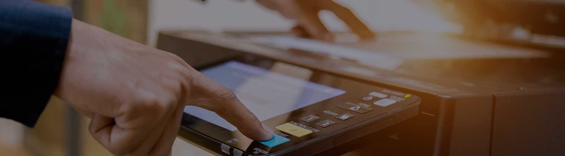 Hand pressing button on panel of printer, printer scanner laser office copy machine. Hand pressing button on panel of printer, printer scanner laser office copy machine.