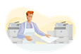 Person holding up a piece of paper in front of commercial printers.