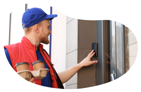 A DoorDash driver delivers coffee to a customer's home.