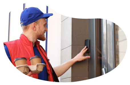 A DoorDash driver delivers coffee to a customer's home. A DoorDash driver delivers coffee to a customer's home.