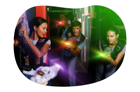 A group of customers playing laser tag. A group of customers playing laser tag.