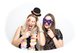 Customers posing with accessories in a photo booth.