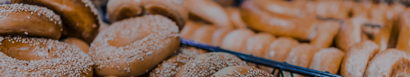 A variety of bagels on display at a bagel shop.