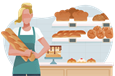 Baker holding baguettes in front of a display of baked goods.