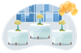Decorated tables and balloons in a banquet hall.