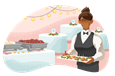 A caterer holding a tray of hors d'oeuvres.