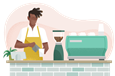 Barista pouring a drink at a cafe counter.