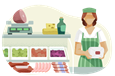 Worker holding packaged meat in front of a deli counter.