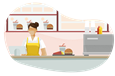 Fast food worker behind a counter.