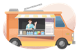Worker waving inside a food truck.