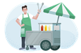 Food vendor holding up tongs in front of a hot dog cart.