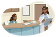 Doctor speaking with receptionist in a medical office.