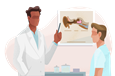 An audiologist points to a diagram of an ear while talking to a patient.