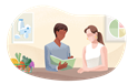 A nutritionist consults with a patient at a table with a basket of fruits and vegetables.