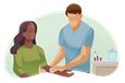 A phlebotomist readies a patient for a shot.
