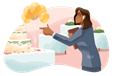 Event planner wearing a headset and pointing at a wedding cake.