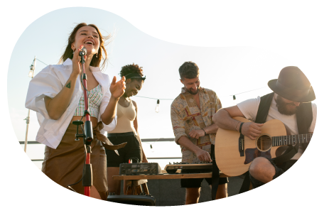 A band performing at an event. A band performing at an event.