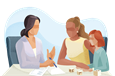 Adoption agency worker and adoptive parent filling out paperwork.