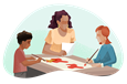 Adult watching two foster children painting.