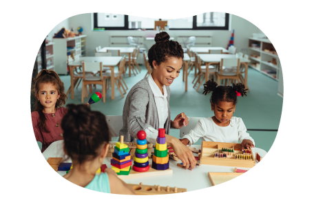 Foster care center employee assisting children. Foster care center employee assisting children.