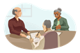 Two adults reviewing paperwork with worker at group home.