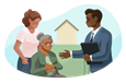 Nursing home administrator speaking with an elderly woman in a wheelchair and her family member.