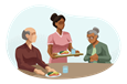 Woman serving a meal to an elderly man and woman.