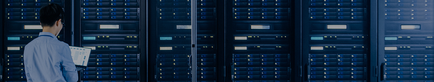 Tech professional reviewing machinery in a data center.