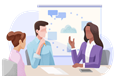 Three marketing professionals having a discussion by a whiteboard.