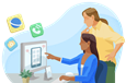 Mobile developer showing client a new app on a monitor.