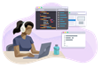 Web developer with headphones working at laptop.