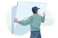 Man installing a large glass panel.