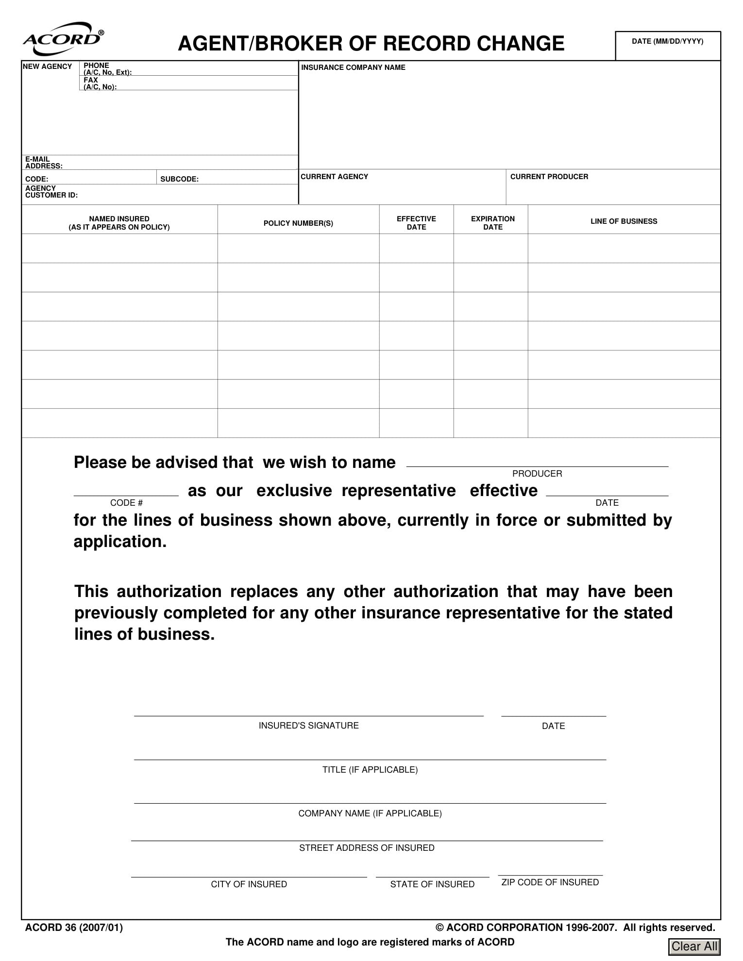 Agent/broker of record change document.