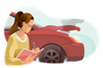 Woman writing in notebook in front of damaged car.