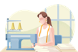 Woman feeding material through industrial sewing machine.